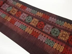 ふくれ織変わり縞に抽象花模様織出し開き名古屋帯（額縁仕立て）